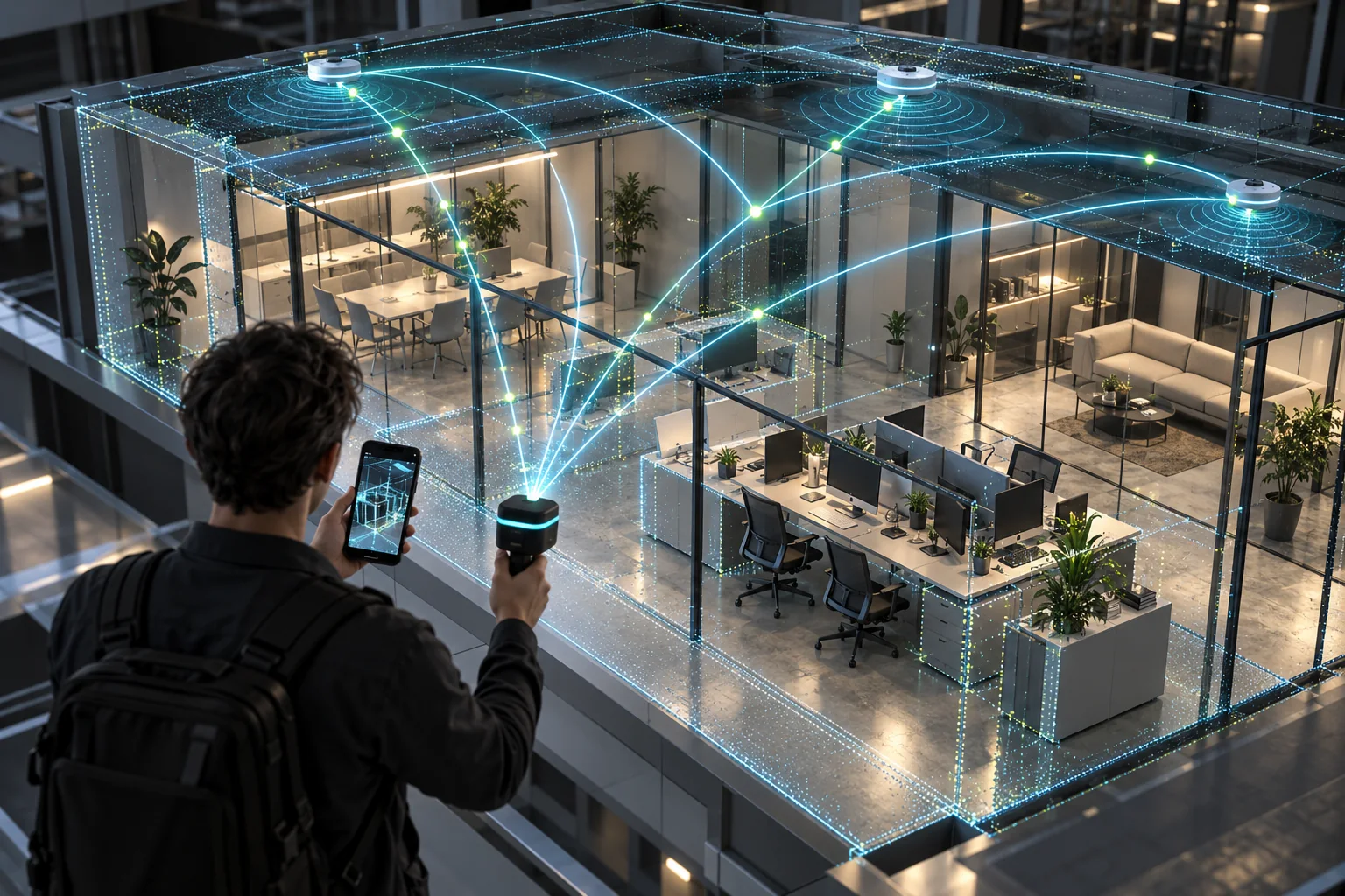 携带扫描设备与无线接收器测量办公空间，现实采集概念图